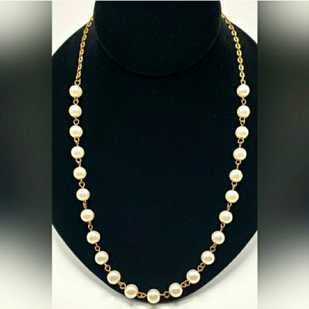 80s Vintage Station Necklace Long Gold Link Chain Faux Pearls Single Strand MN84